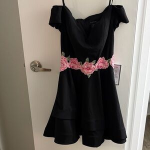 B Darlin Black Strapless Dress with Pink Floral Accents